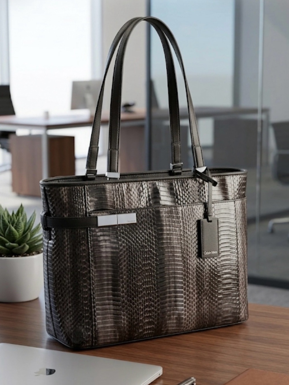 Calvin Klein Dark Brown Croc-Embossed Tote